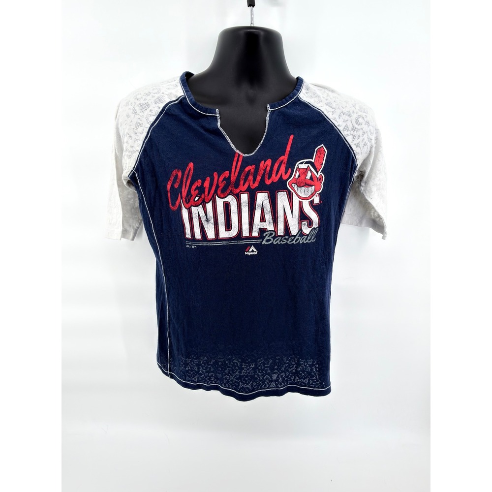 Majestic Cleveland Indians Chief Wahoo Shirt Womens Medium Lace‎ Sleeve Burnout